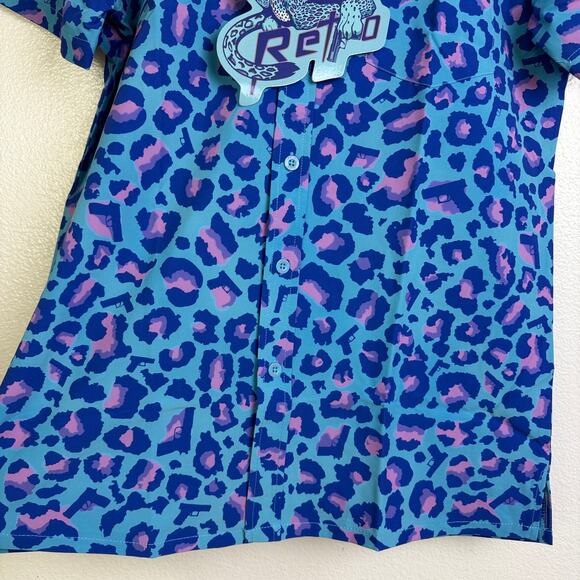Retro Rifle Shirt Mens Medium Blue Leopard Short Sleeve Button Up Stretch NWT - Picture 6 of 14